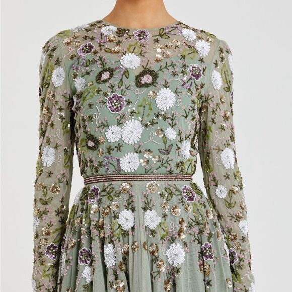 MAC DUGGAL 5716 Green Sequined Floral Long Sleeve High Neck Midi Dress - Picture 3 of 15